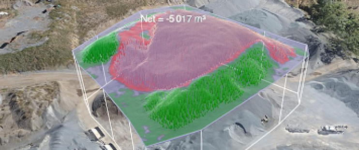 An aerial view of a stockpile with surveying equipment